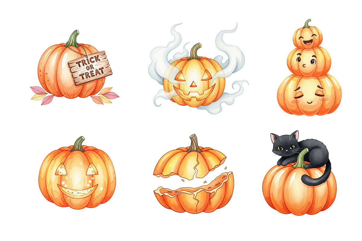 Watercolor Jack-O’-Lanterns Clipart, a Seasonal Illustration by BerryPieArt (Photo 2 of 4)