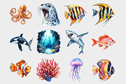 Watercolor Sea Animals Clipart, a Seasonal Illustration by Design Market (Thumbnail 2 of 5)
