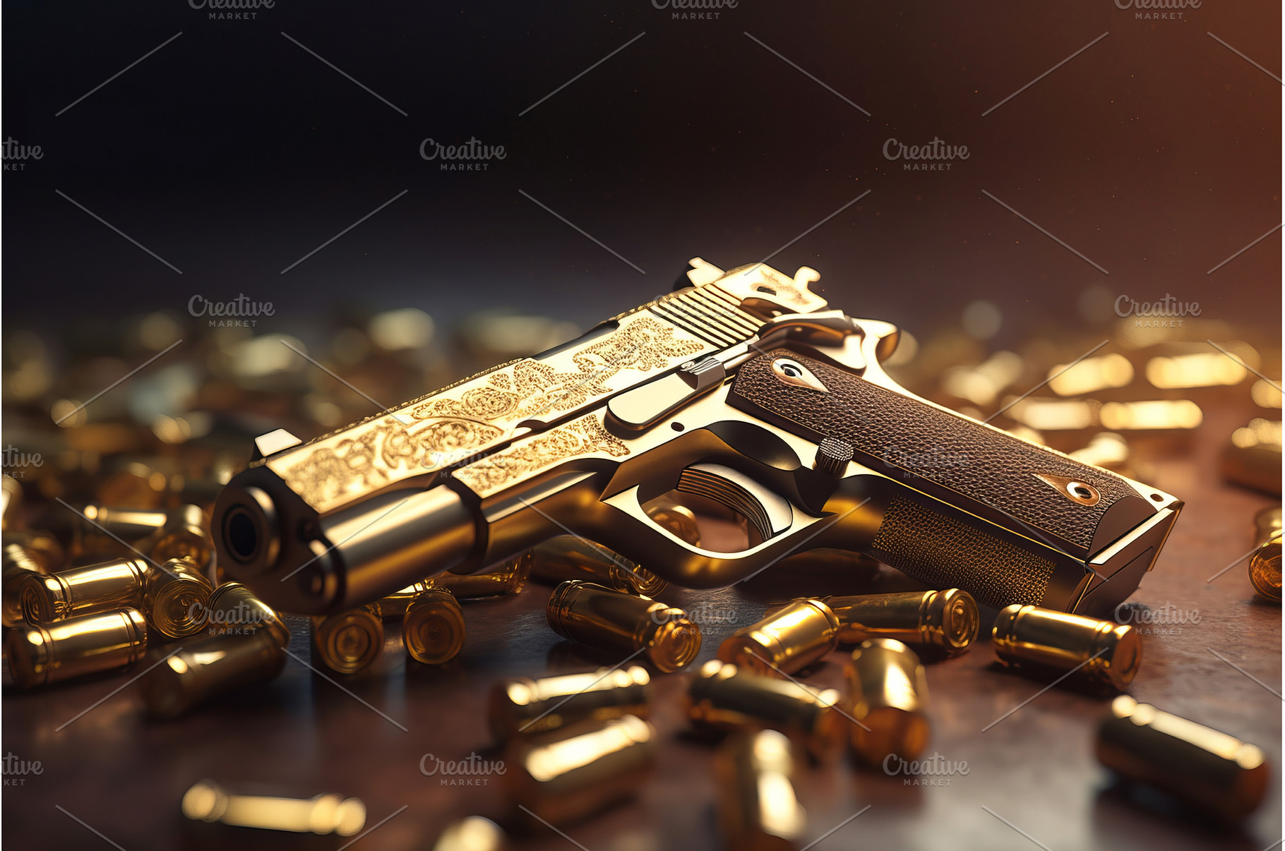 Pistol laying on gold ingots, an Industrial Photo by Ylivdesign