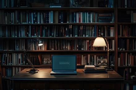 library desk features books & laptop, a Photo by Pavel_design