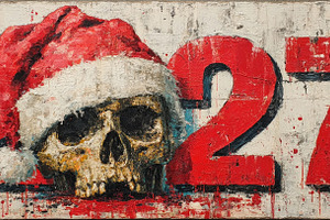 Dark 2027 New Year Horror Illustration with Skull and Santa Hat, a Background Photo by José Manuel Gelpi