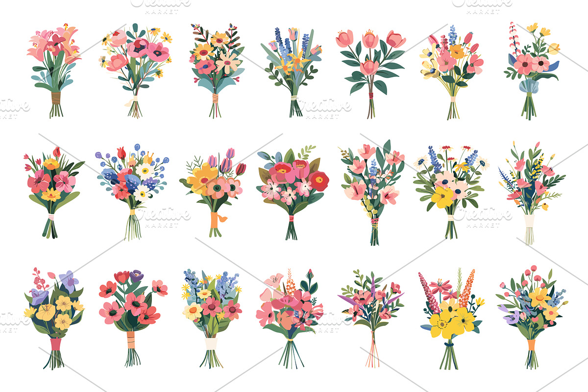Fresh Summer Bouquets Set Vibrant, an Object Illustration by LadadikArt