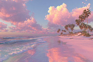 Pink sunset tropical beach palm tree, a Photo by Pixeness Studio
