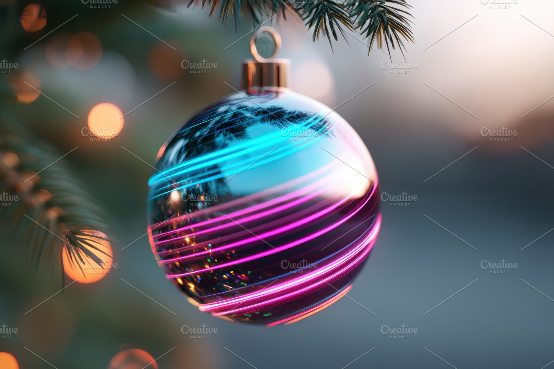 Pine branch with glass ornament at sunset, a Holiday Photo by AlyaAnd