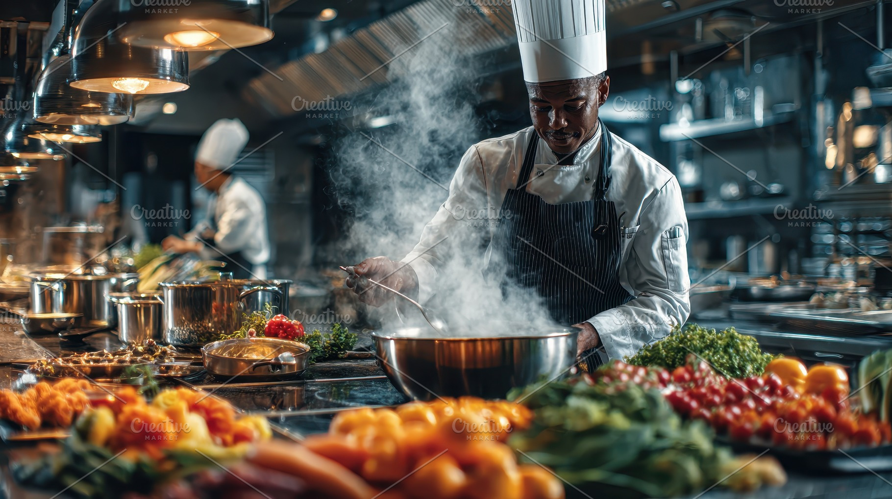 Chef preparing delicious food in a r, a Photo by Pixeness Studio