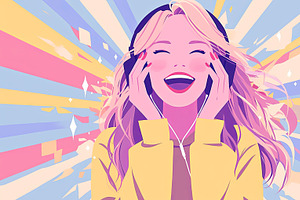 Illustration of a joyful woman enjoying music with vibrant decorative backgroun, an Illustration by AS photostudio