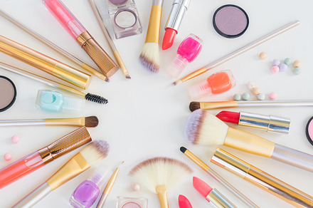 Colorful make up flat lay scene containing makeup, cosmetics, and beauty, a Beauty & Fashion Photo by Neirfy