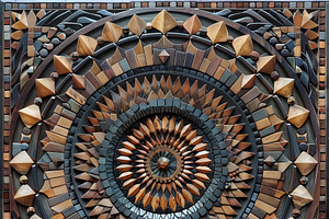 A beautifully crafted wooden mandala mosaic featuring intricate geometric patte, an Object Illustration by Textures & Backgrounds
