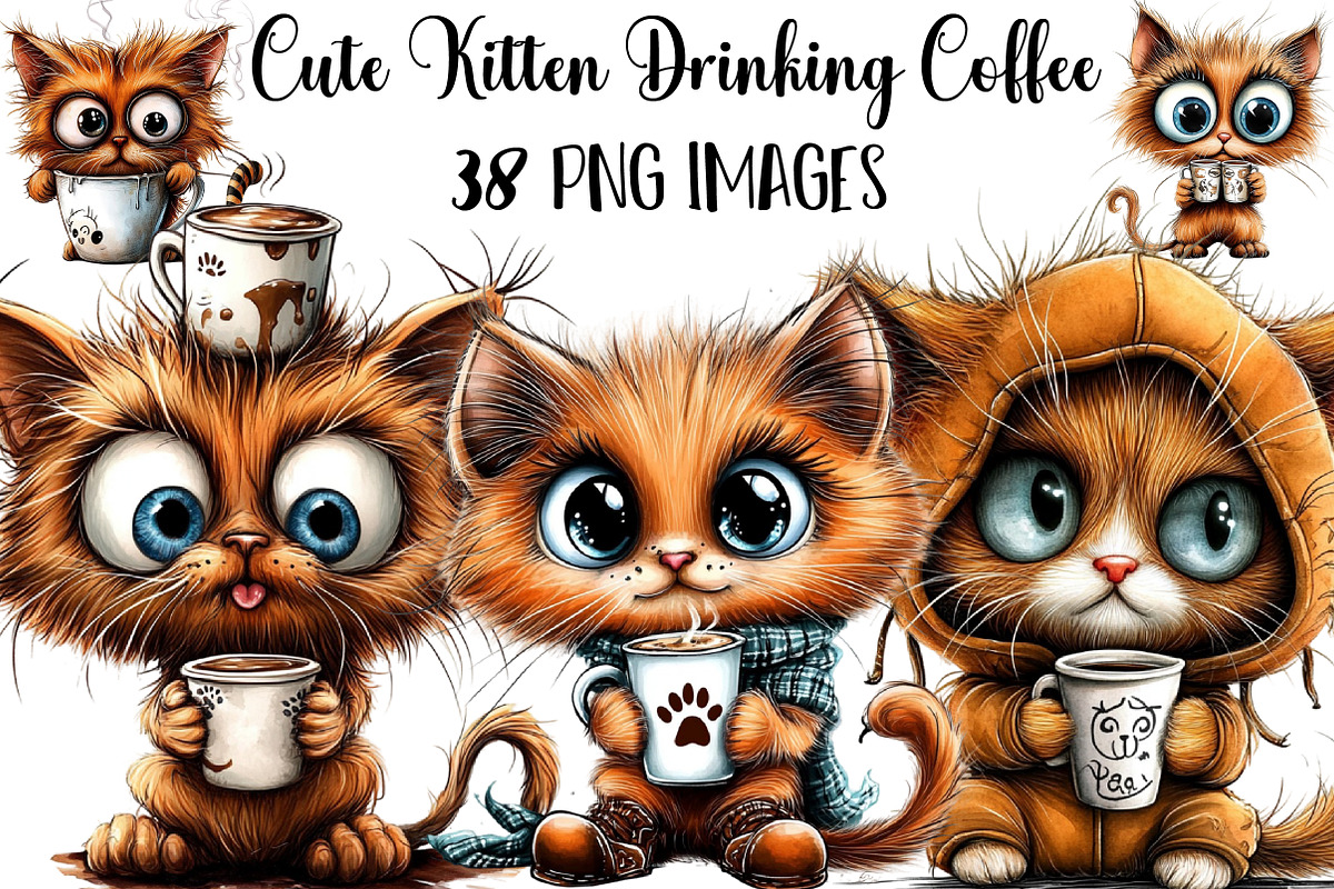 Cute Kitten Drinking Coffee Clipart, an Illustration by DreamArtGraphic (Photo 1 of 5)