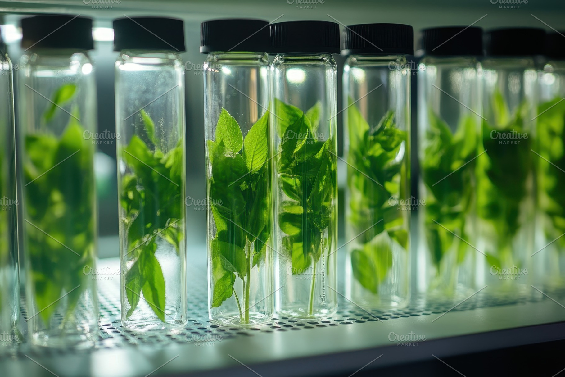 Green plants in test tubes arranged, a Photo by Pavel_design