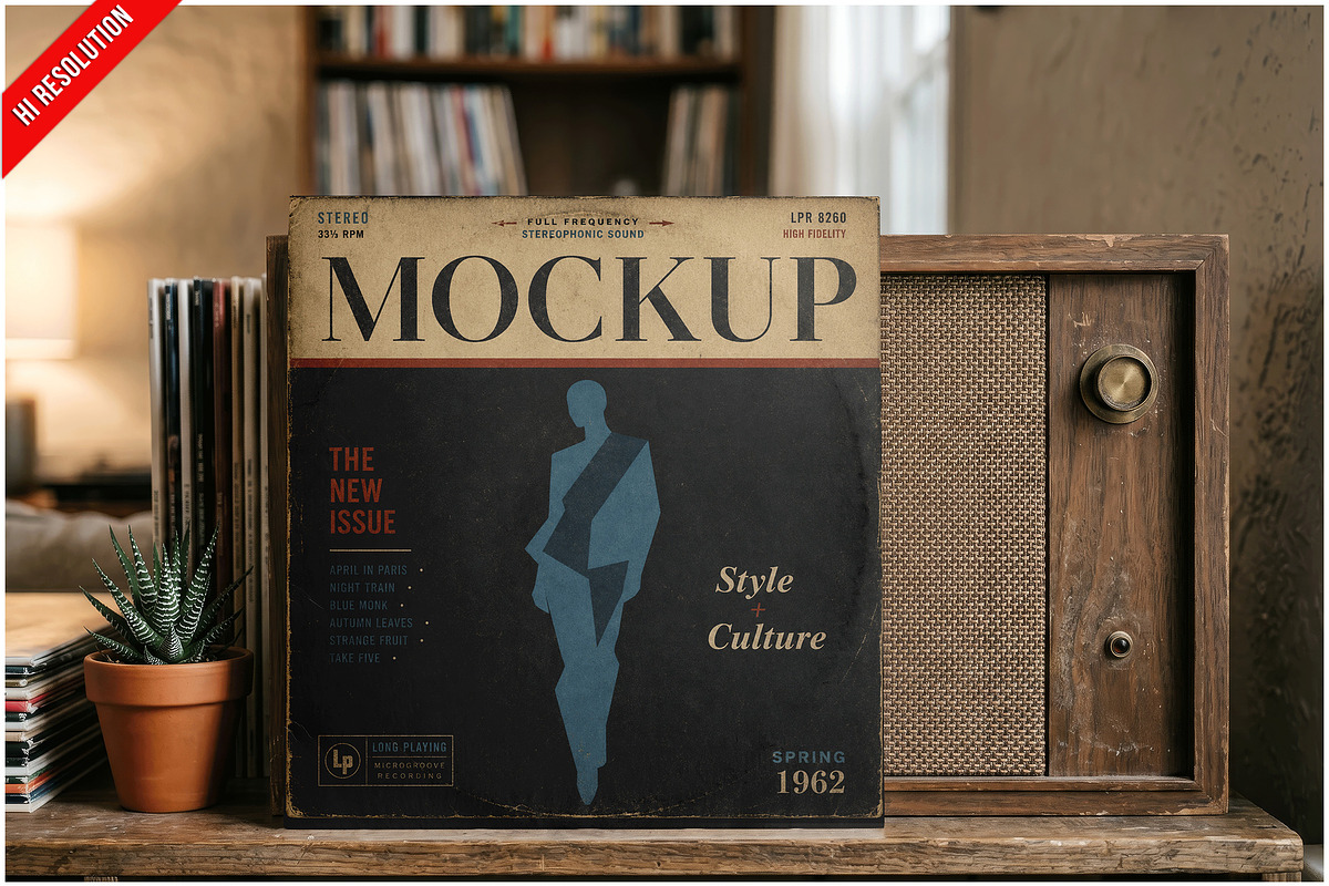 Album Cover Wooden Shelf PSD, an Advertising Mockup by Bruno's Shop (Photo 1 of 3)