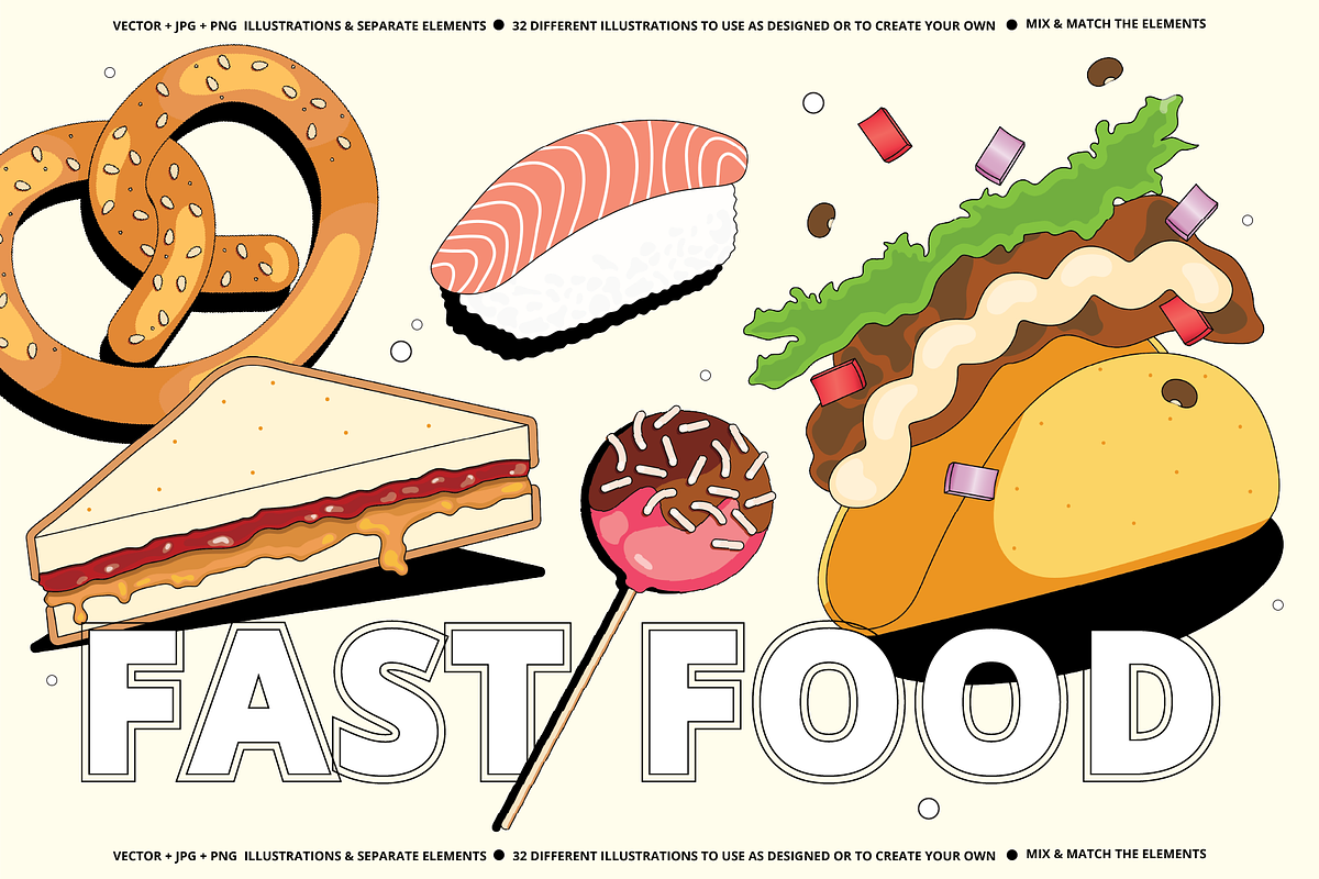 Fun Fast Food Vector Illustration, a Food Illustration by GemPortella, image size:1200x800