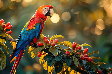 A colorful macaw on a branch amid be, a Photo by LOGOCREATIVE
