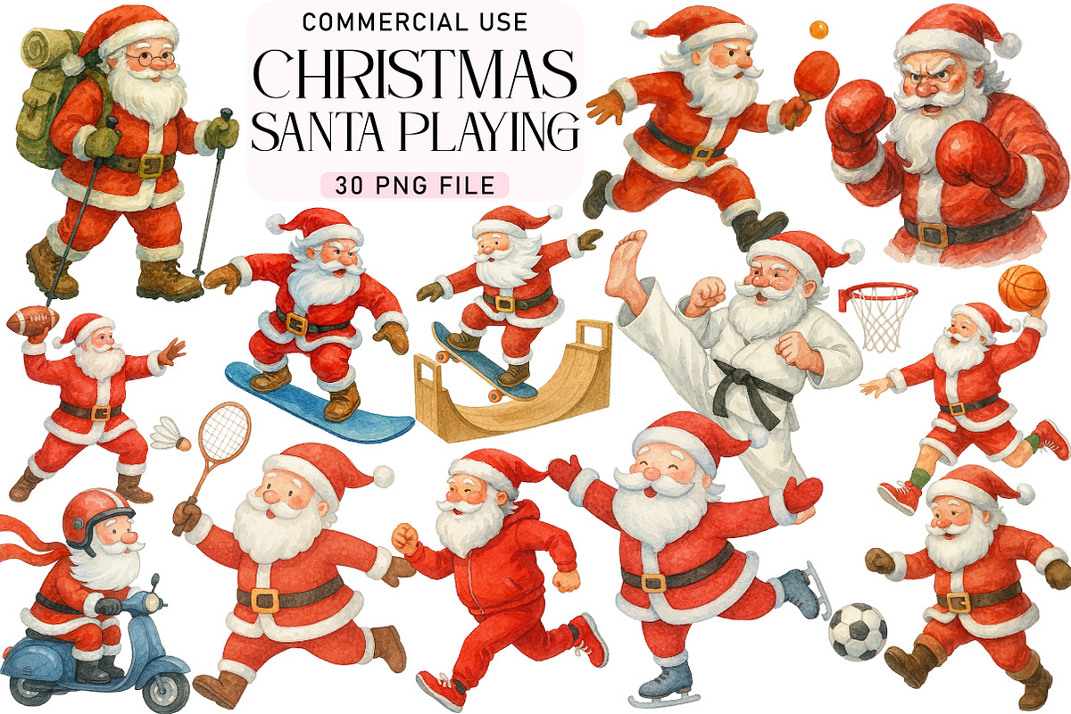 Watercolor Santa Playing Sport, a Sport Illustration by Daily.Designs (Photo 1 of 5)