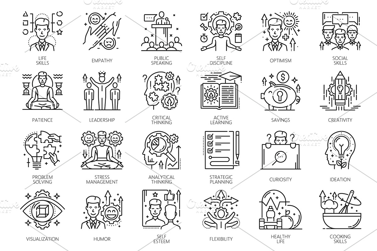 Life skill icons, vector line signs, a Healthcare Illustration by Vector Tradition