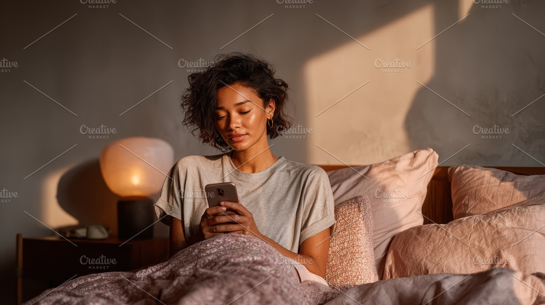 Woman using smartphone in bed mornin, a Photo by Pixeness Studio