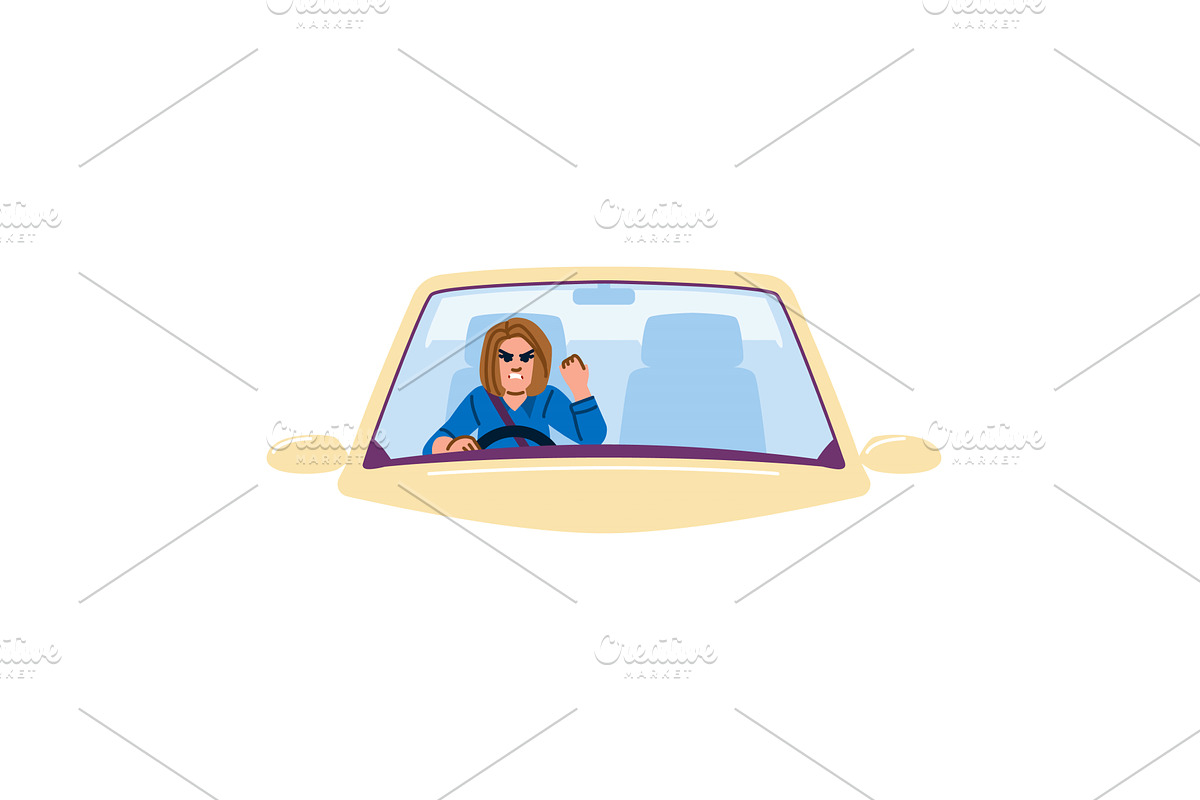 Angry woman driving car and showing, a Transportation Illustration by pikepicture