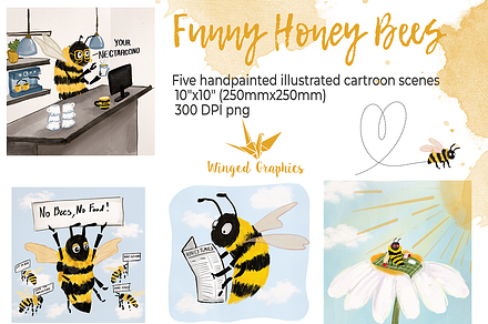 Fun illustrated bee scenes set of 5