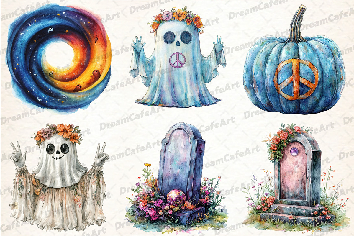 Groovy Retro Halloween Clipart, an Illustration by DreamCafeArt (Photo 2 of 7)
