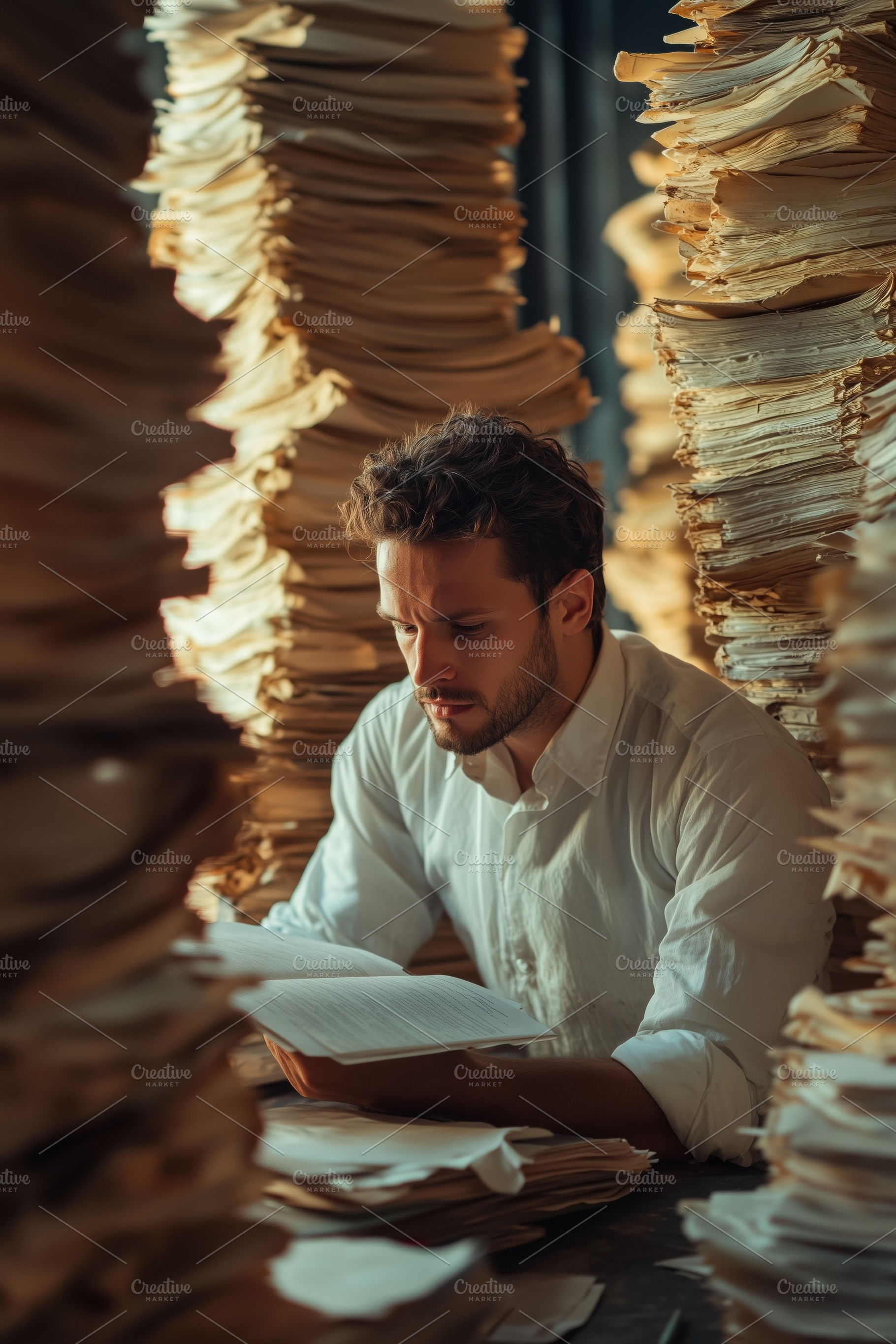 A man document specialist in a white shirt sits among tall stacks of papers, de, a Person Photo by Textures & Backgrounds