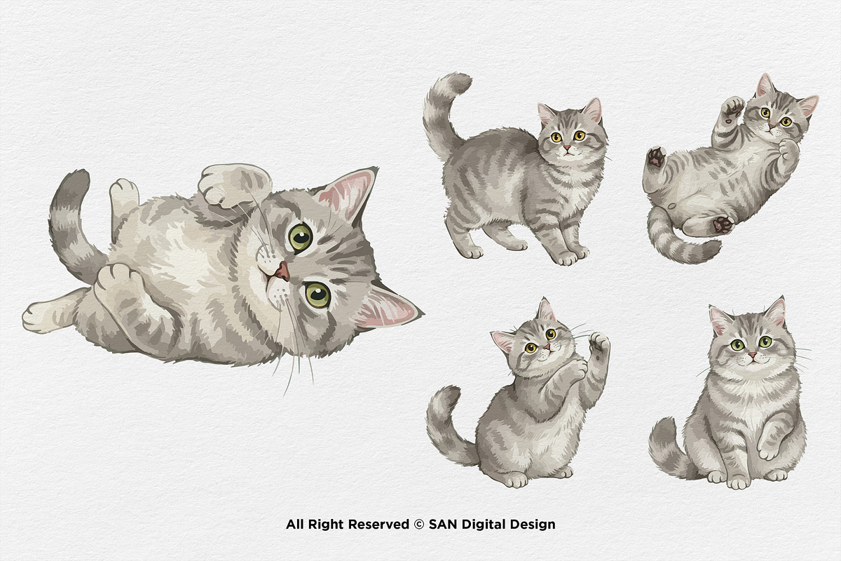 15 Bundle Watercolor Grey Cats Pet, an Animal Illustration by Morspective (Photo 7 of 15)