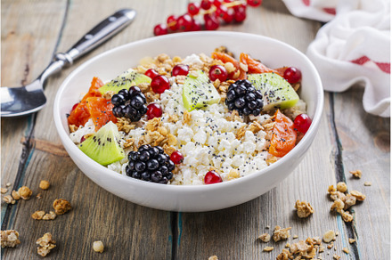 Cottage cheese with granola, berries, a Food & Drink Photo by Ekaterina_Markelova