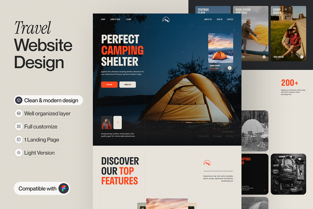 Tent Travel Landing Page, an UI Kit Template by sajon.co