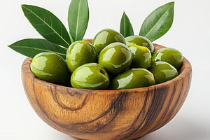 Green olives in wooden bowl with lea, a Food & Drink Photo by Pixeness Studio