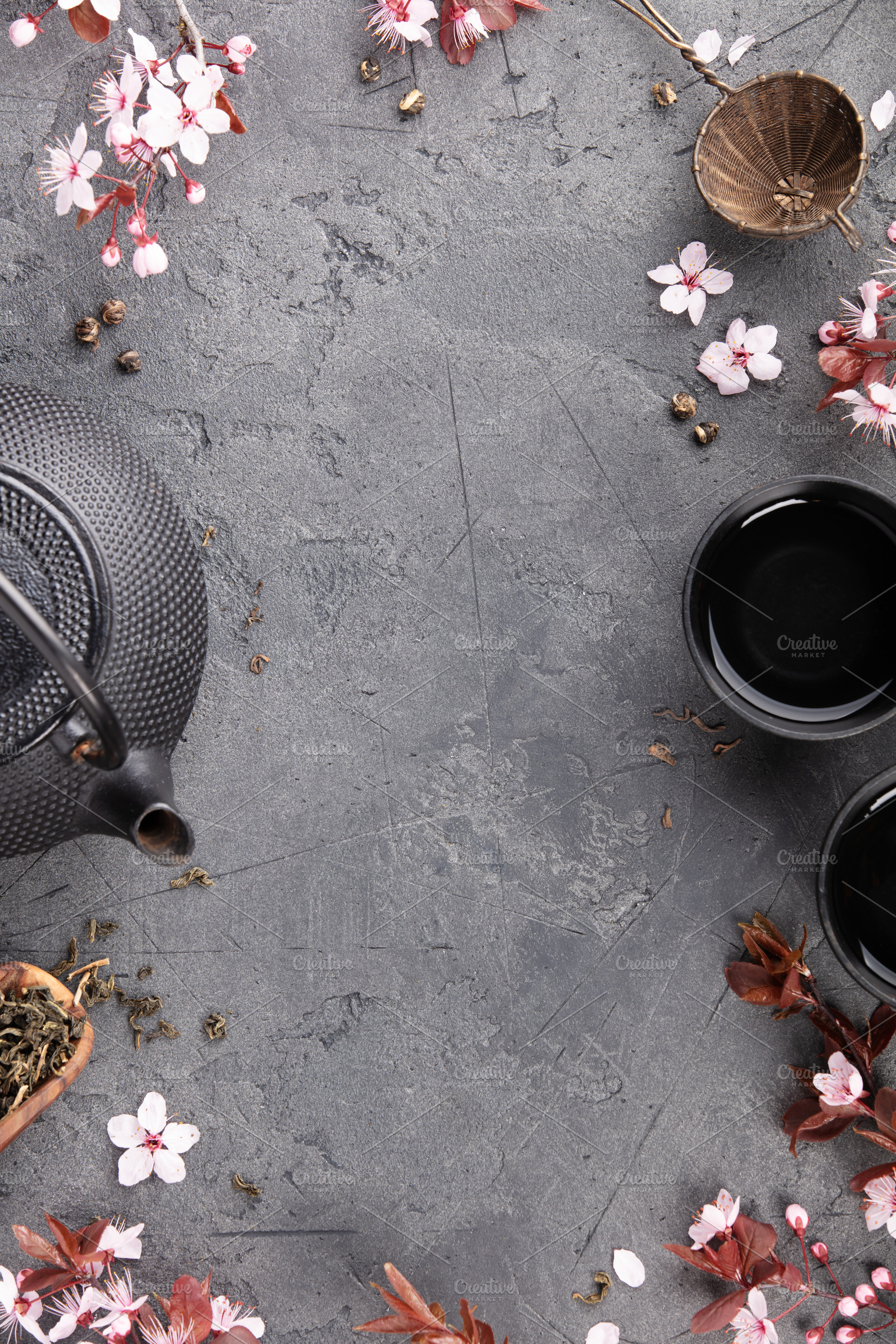 Japanese Tea Frame with Cherry Blossoms on Dark Stone Background, a Food & Drink Photo by Natalia Klenova's Shop