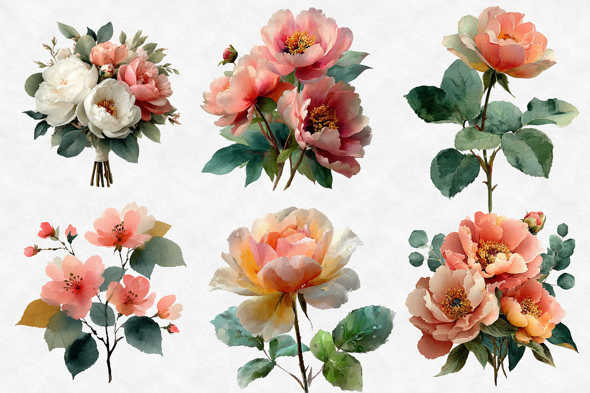 Watercolor Roses Peonies Clip Art, an Illustration by Designworld (Photo 4 of 6)