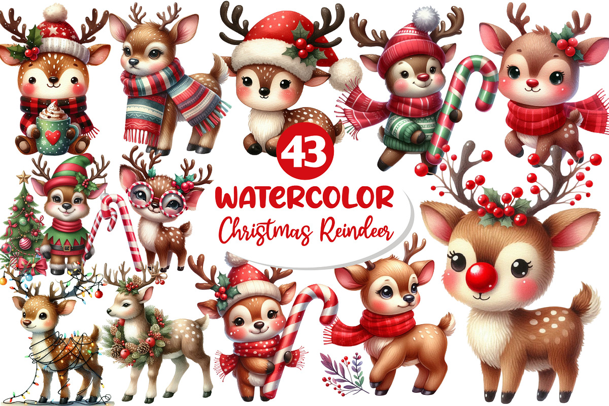 Christmas Cute Reindeer Clipart, an Illustration by Dream Creation (Photo 1 of 5)