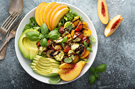 Avocado peach caprese salad with bas stock photo containing avocado and peach, a Food & Drink Photo by farwasser