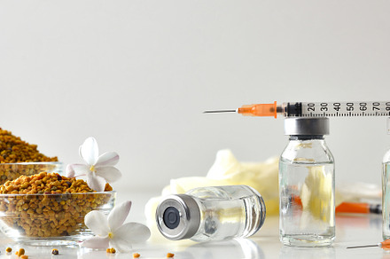 Pollen vaccination background with vials syringe and bowl with a, a Health & Medical Photo by Davizro's Market