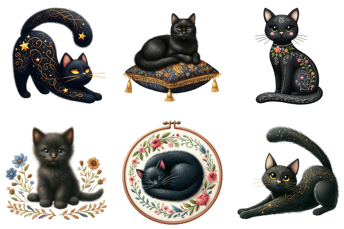 Embroidered Black Cats Clipart, an Illustration by DreamArtGraphic (Photo 3 of 4)