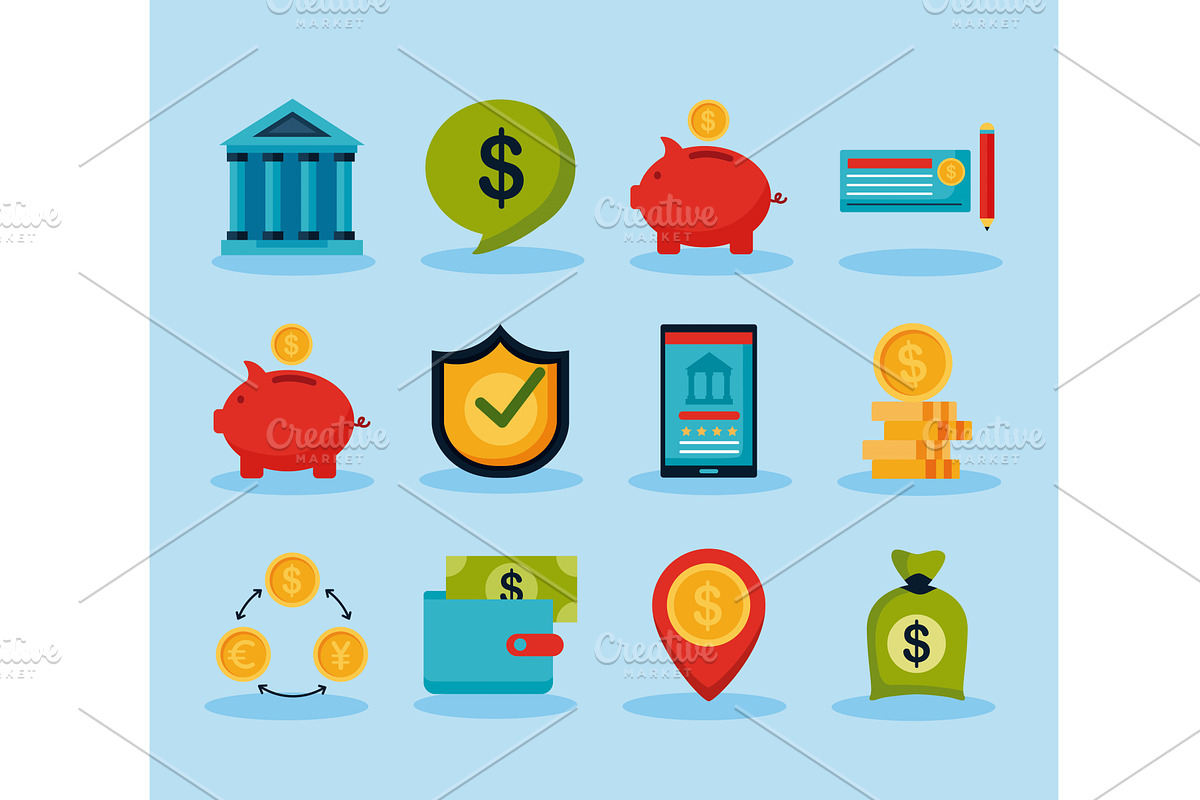 twelve banking money icons, a Finance Illustration by studiogstock