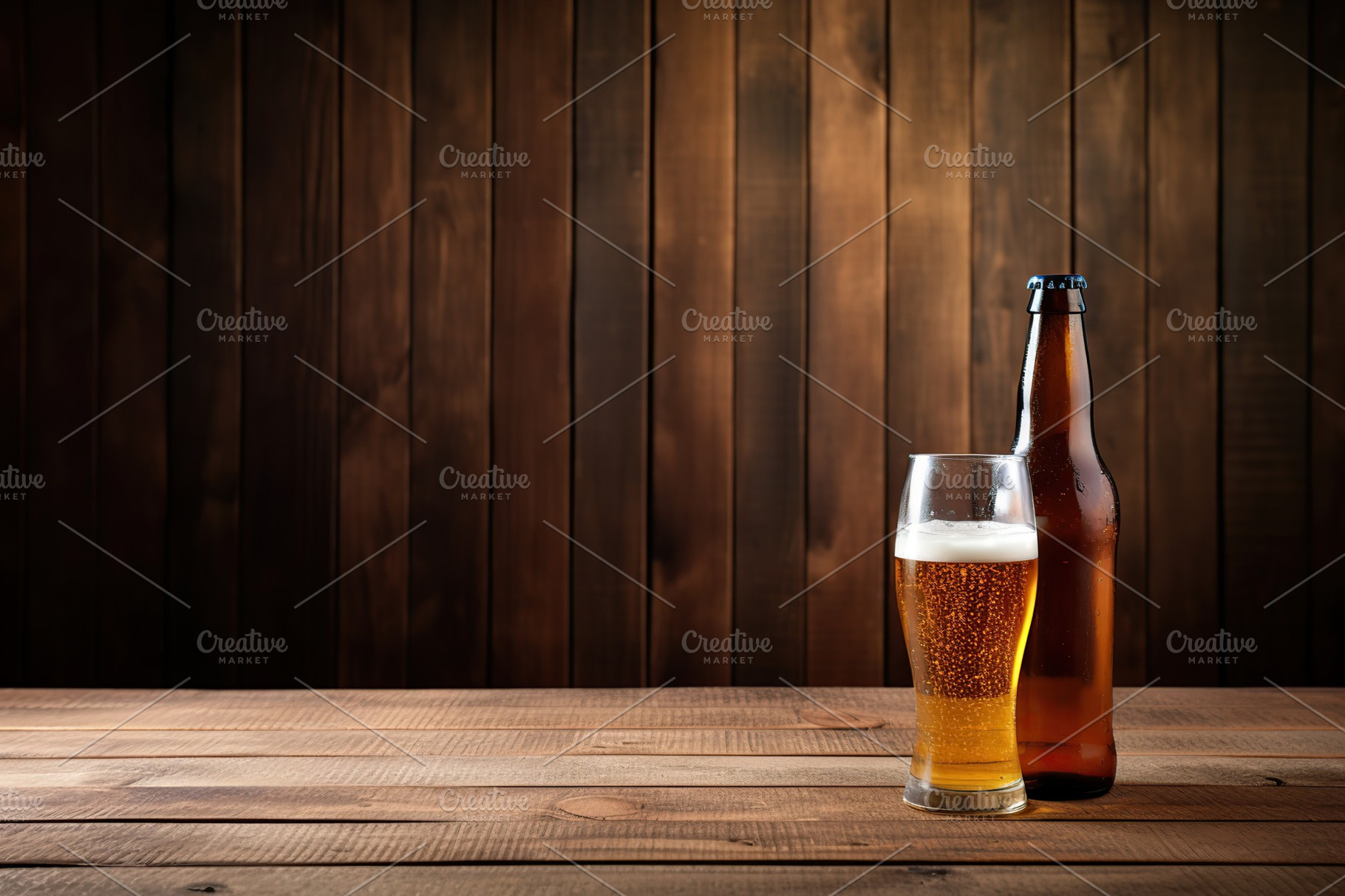 Bottle and glass of beer on wooden background, a Food & Drink Photo by AlyaAnd