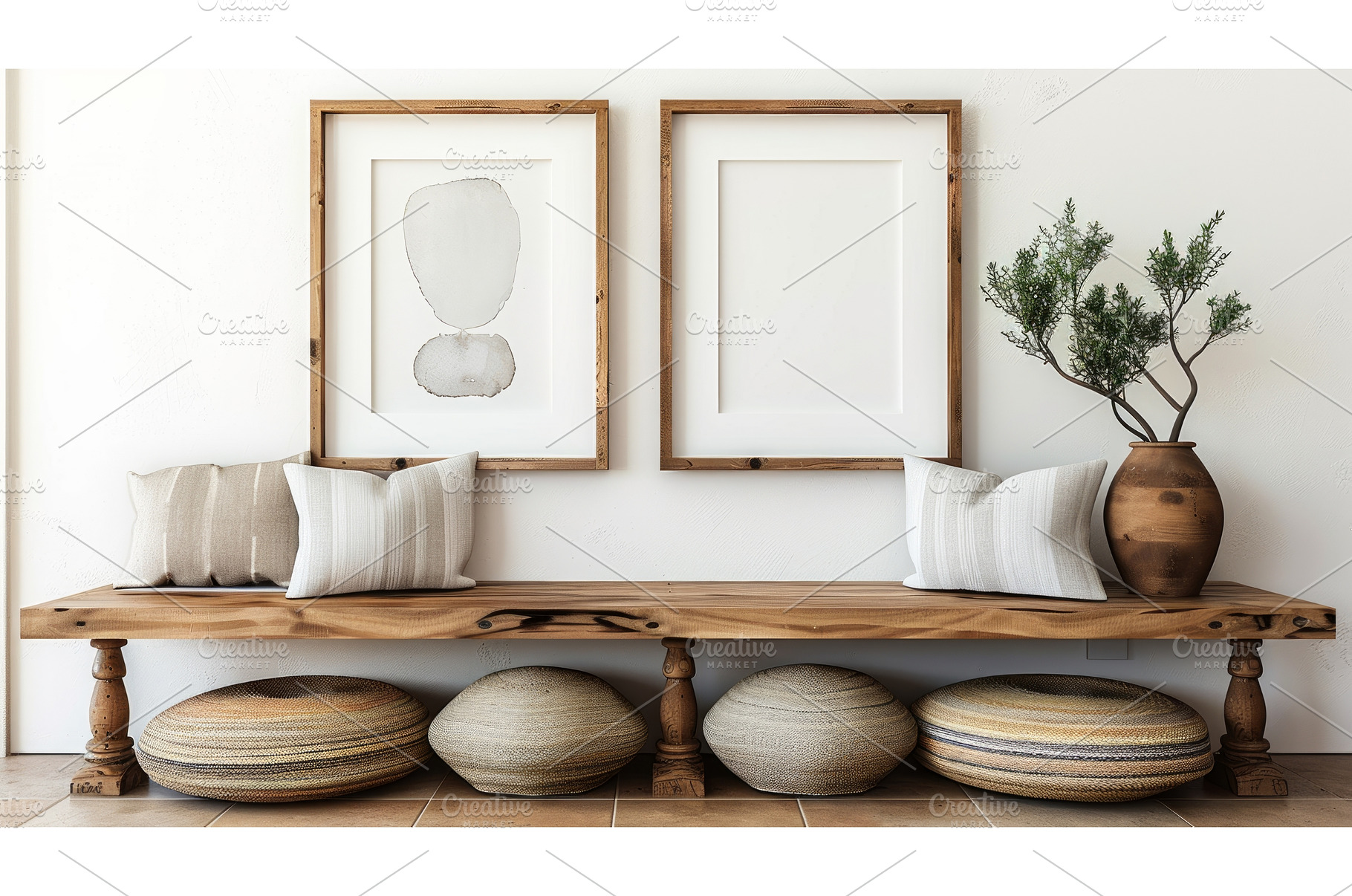 Wooden rustic bench near white wall, an Architecture Photo by Neirfy