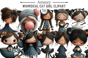 Whimsical Cat Girl Clipart, an Illustration by designcity5
