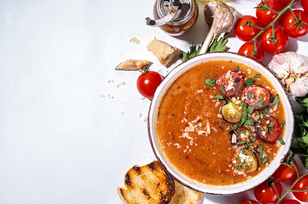 Cold tomato cream soup, a Food & Drink Photo by Rimma
