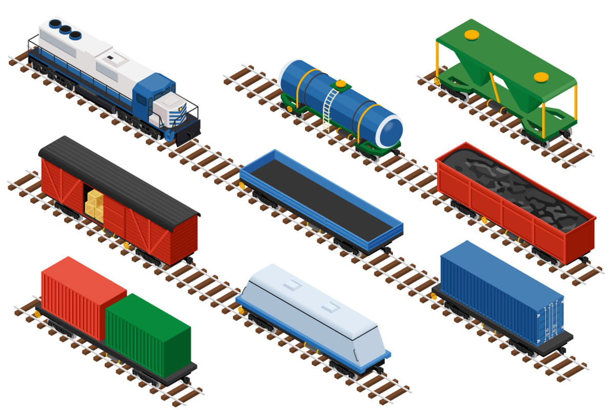 Isometric set of railway trains, an Object Illustration by NKuvshinov