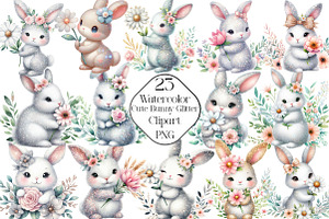 Watercolor Bunny Glitter Clipart, an Illustration by CraftArtStudio