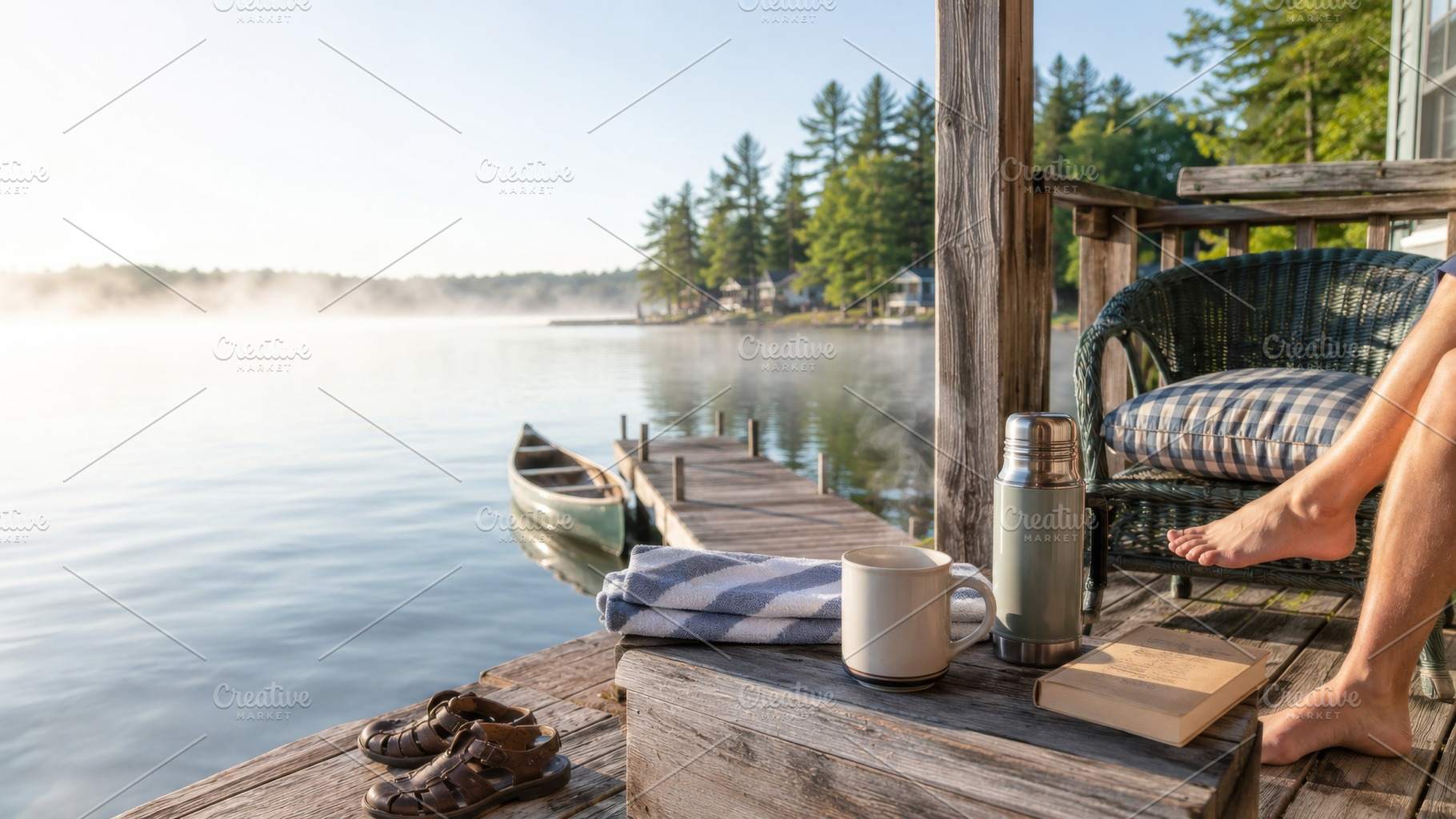 Lakehouse morning scene with misty w, a Photo by Dvoevnore photos