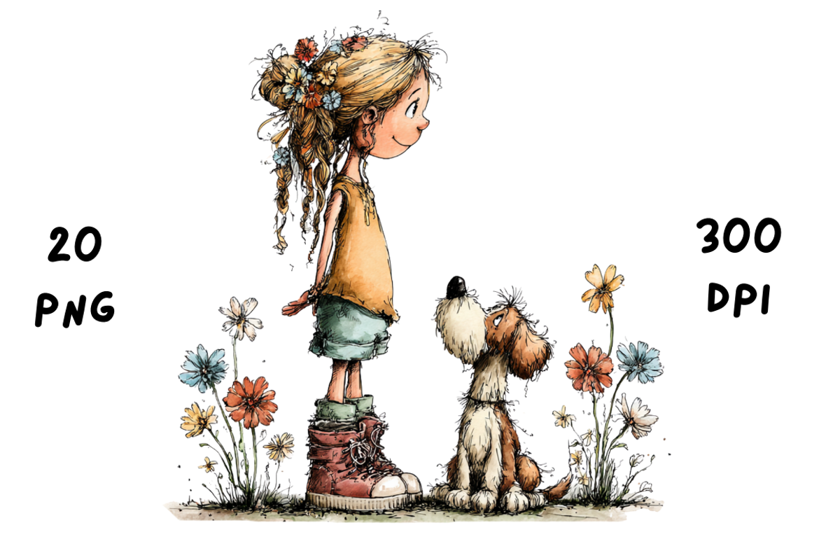 Whimsical Floral Girl and Puppy, an Animal Illustration by GiraffeCreative (Photo 19 of 20)