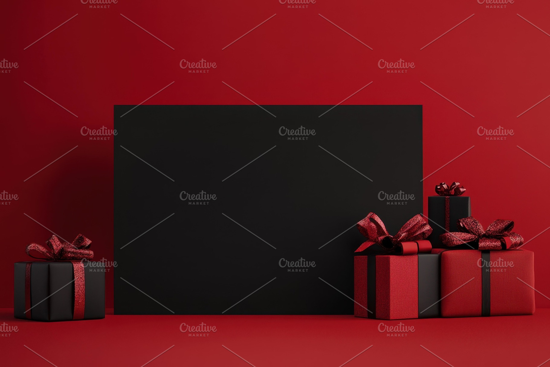 Red background with wrapped gifts re, a Photo by Tanuart