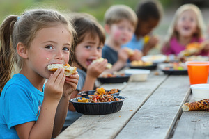A group of children happily eating, a Photo by Pavel_design