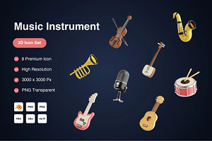 Music Instrument 3D Icons Set, an Object 3D Model by Kmg Design