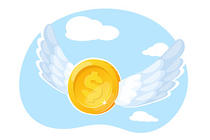 Gold coin with wings flies among sky, a Finance Illustration by Vectorbuum