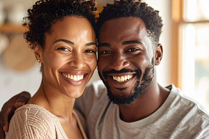 Interracial couple laughing with with their heads touching, a Person Photo by DanFLCreativo