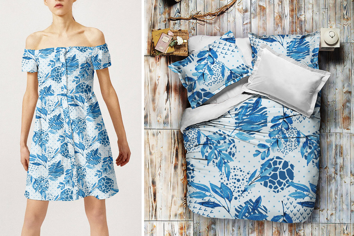 Blue Watercolor Floral Geo Pattern, a Pattern Graphic by Gullenda (Photo 4 of 6)
