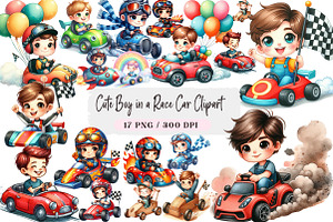 Cute Boy in a Race Car Clipart, an Illustration by DreamArtGraphic